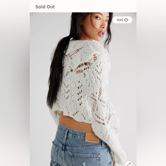 Free People Avery Cardi White Knit Ruffle Trim Open Front Cropped Sweater S boho - Picture 2 of 7